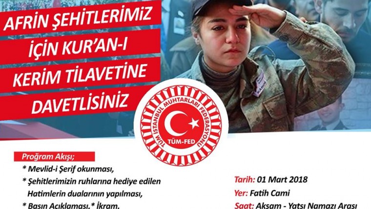 Afrin ve Tüm Şehitlerimiz için MEVLİD-İ ŞERİF Okunacaktır.